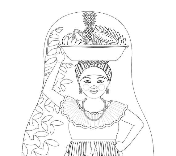 Colombian, Palenquera of Cartagena coloring sheet printable file, traditional folk dress, matryoshka doll
