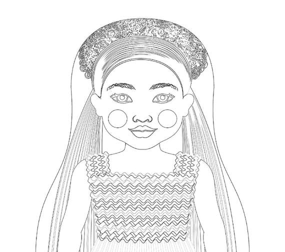 Ethiopian coloring sheet printable file, traditional folk dress, matryoshka doll