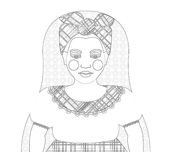 Jamaican coloring sheet printable file, traditional folk dress, matryoshka doll