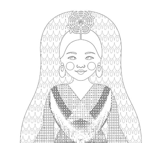 Spaniard coloring sheet printable file, traditional folk dress, matryoshka doll