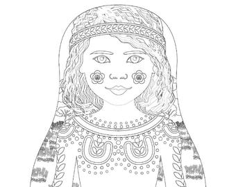 Fichier imprimable de feuille de coloriage australien aborigène, robe folklorique traditionnelle, poupée matryoshka