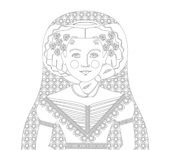 English Ivy coloring sheet printable file, traditional folk dress, matryoshka doll