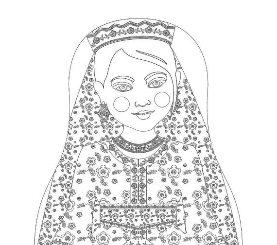 Moroccan Bride coloring sheet printable file, traditional folk dress, matryoshka doll