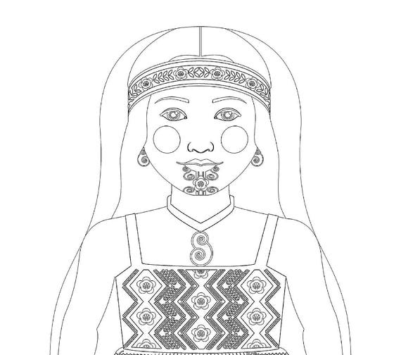New Zealander, Māori Dancer coloring sheet printable file, traditional folk dress, matryoshka doll