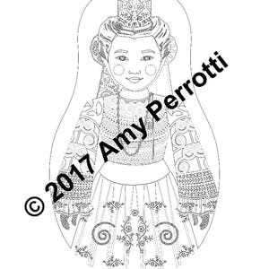 French, Bigoudène coloring sheet printable file, traditional folk dress, matryoshka doll image 2