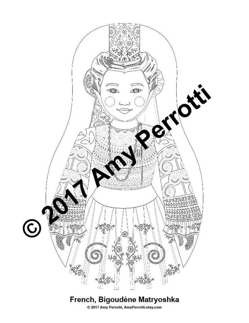 French, Bigoudène coloring sheet printable file, traditional folk dress, matryoshka doll image 2