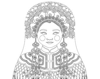 Chinese Bride coloring sheet printable file, traditional folk dress, matryoshka doll