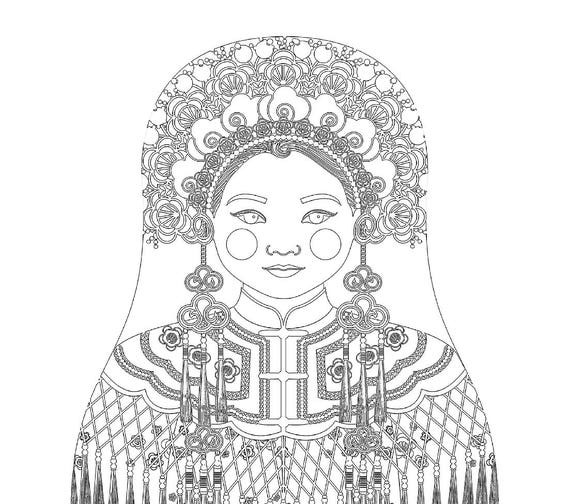 Chinese Bride coloring sheet printable file, traditional folk dress, matryoshka doll