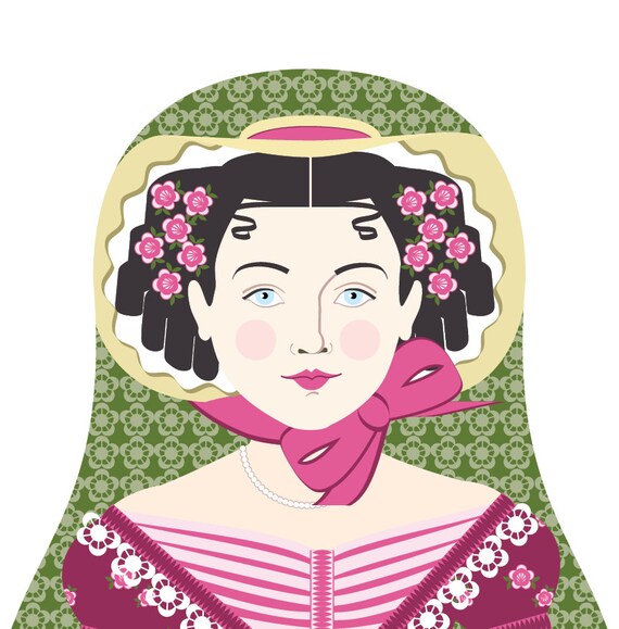 English Rose Art Print with traditional dress, matryoshka doll