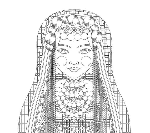 Tunisian coloring sheet printable file, traditional folk dress, matryoshka doll