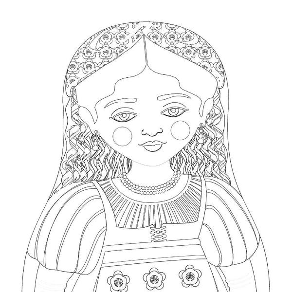 Italian coloring sheet printable file, traditional folk dress, matryoshka doll