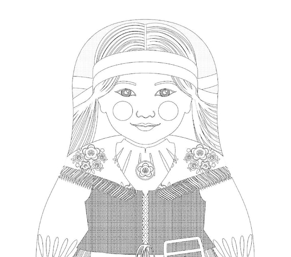 Finn coloring sheet printable file, traditional folk dress, matryoshka doll