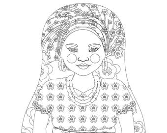 Southern Nigerian coloring sheet printable file, traditional folk dress, matryoshka doll