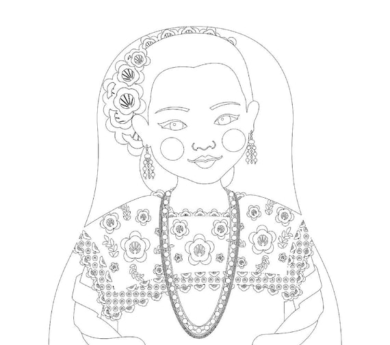 Mexican, Yucatan coloring sheet printable file, traditional folk dress, matryoshka doll