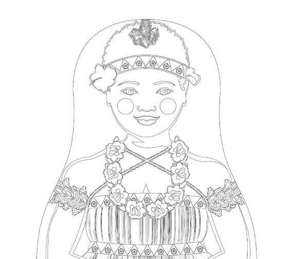 Bougainvillean coloring sheet printable file, traditional folk dress, matryoshka doll