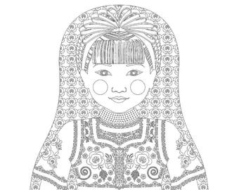 Hungarian coloring sheet printable file, traditional folk dress, matryoshka doll