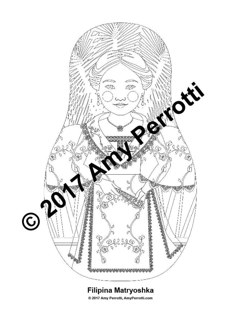 Filipina coloring sheet printable file, traditional folk dress, matryoshka doll image 2