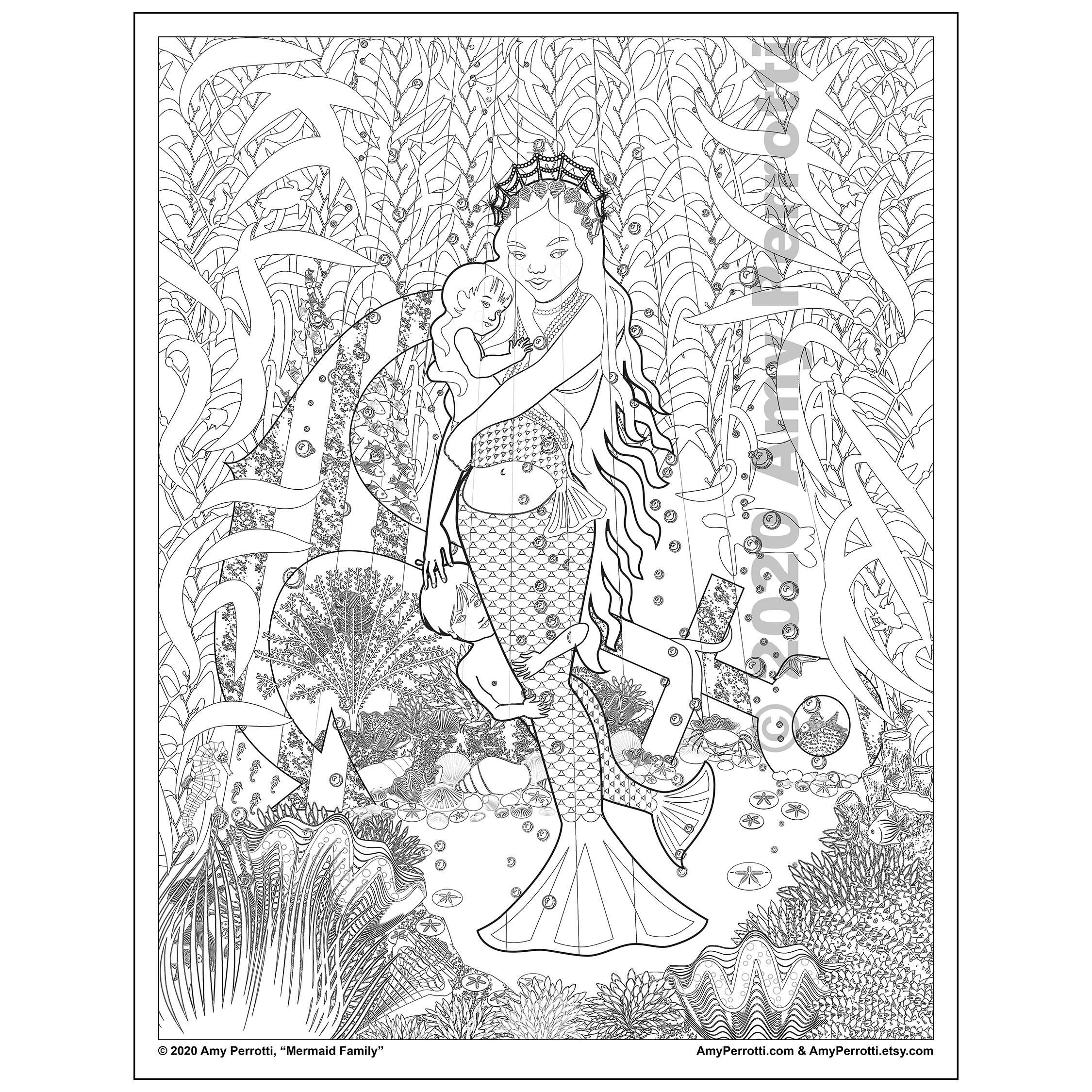 mermaid family coloring page printable file
