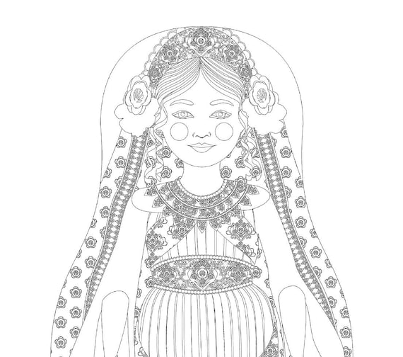 Jewish, Queen Esther coloring sheet printable file, traditional folk dress, matryoshka doll