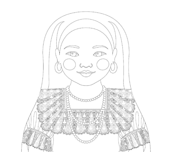 Salvadoran coloring sheet printable file, traditional folk dress, matryoshka doll