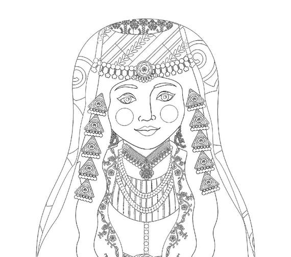 Lebanese coloring sheet printable file, traditional folk dress, matryoshka doll