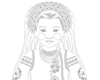 Ukrainian coloring sheet printable file, traditional folk dress, matryoshka doll