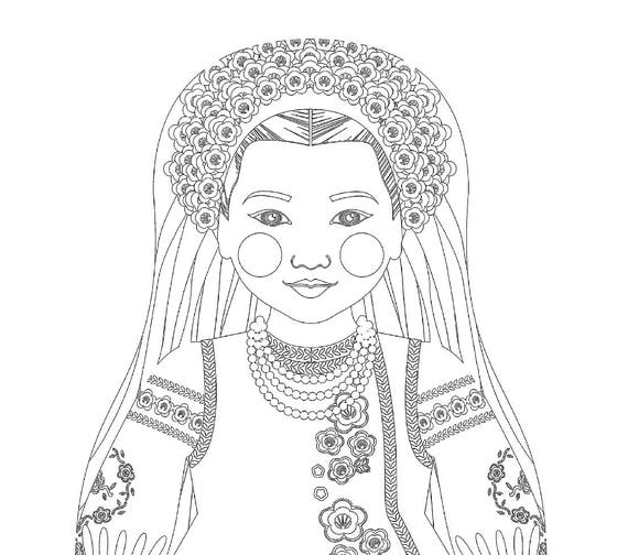 Ukrainian coloring sheet printable file, traditional folk dress, matryoshka doll