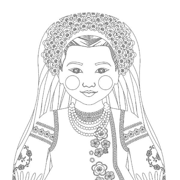 Ukrainian coloring sheet printable file, traditional folk dress, matryoshka doll