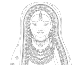 Pakistani coloring sheet printable file, traditional folk dress, matryoshka doll