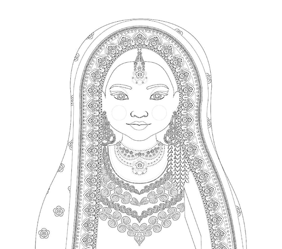 Pakistani coloring sheet printable file, traditional folk dress, matryoshka doll