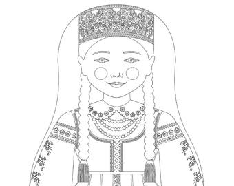 Lithuanian coloring sheet printable file, traditional folk dress, matryoshka doll