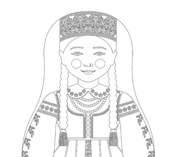 Lithuanian coloring sheet printable file, traditional folk dress, matryoshka doll