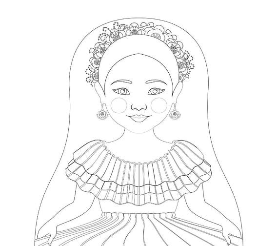 Colombian coloring sheet printable file, traditional folk dress, matryoshka doll