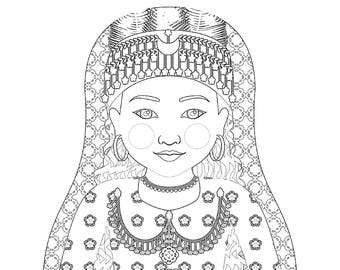 Fichier imprimable de feuille de coloriage assyrienne, robe folklorique traditionnelle, poupée matryoshka
