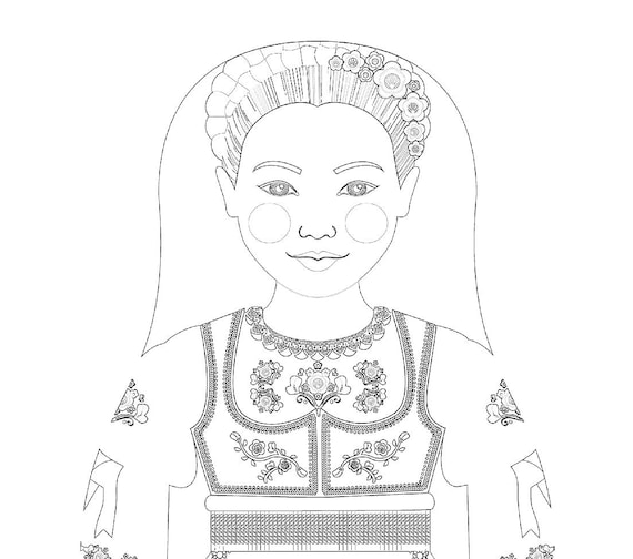 Serb coloring sheet printable file, traditional folk dress, matryoshka doll