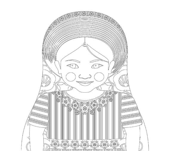 Guatemalan coloring sheet printable file, traditional folk dress, matryoshka doll