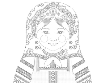 Russian coloring sheet printable file, traditional folk dress, matryoshka doll