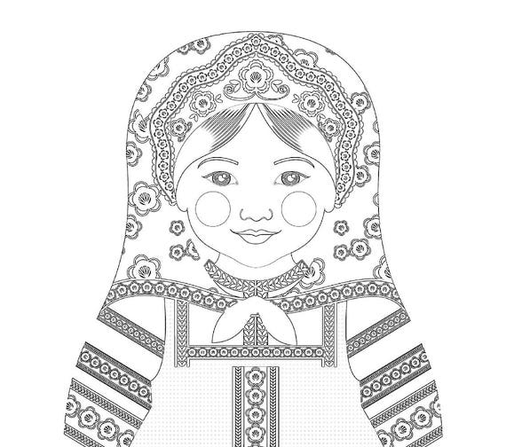 Russian coloring sheet printable file, traditional folk dress, matryoshka doll