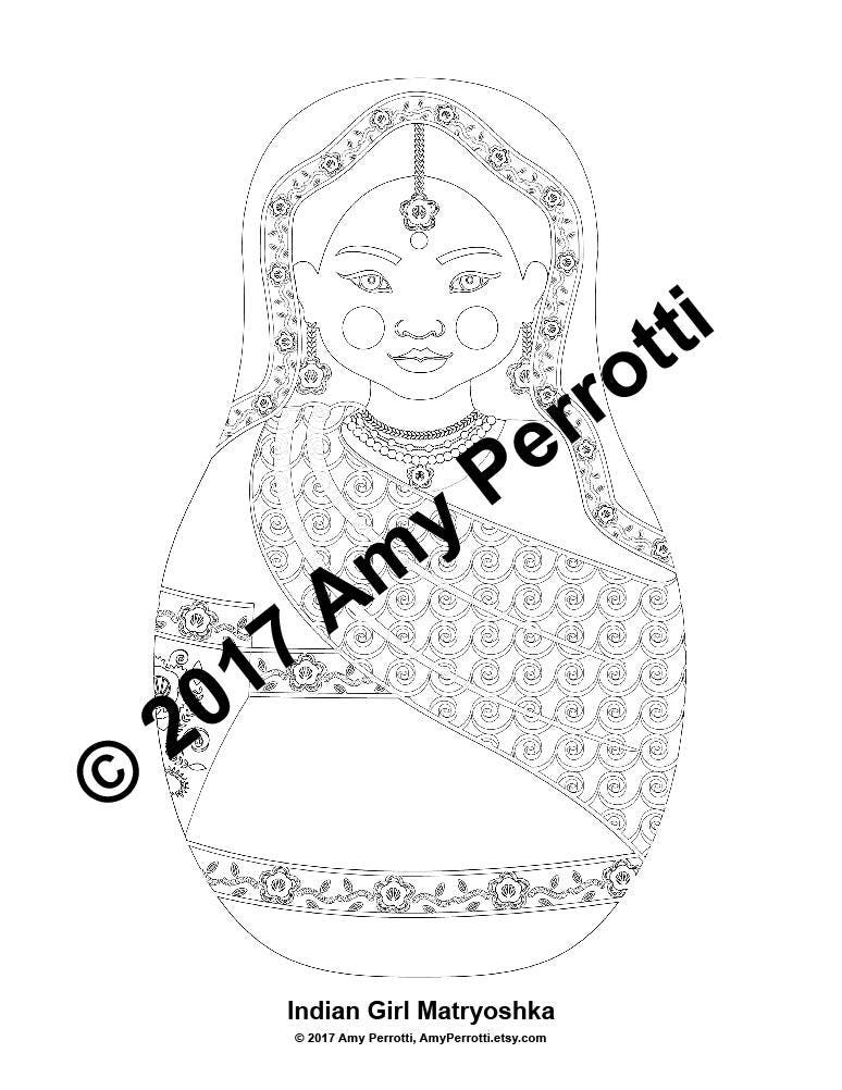 Indian Doll Traditional Dress Coloring Page Printable Matryoshka