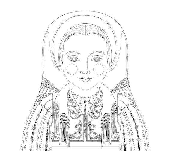 Romanian coloring sheet printable file, traditional folk dress, matryoshka doll