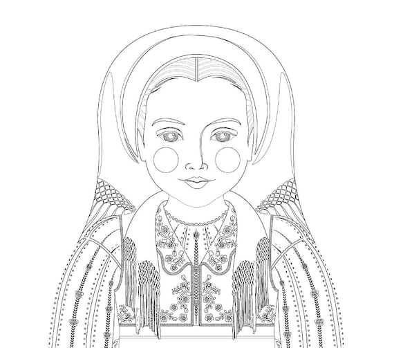 Romanian coloring sheet printable file, traditional folk dress, matryoshka doll