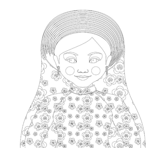 Vietnamese coloring sheet printable file, traditional folk dress, matryoshka doll