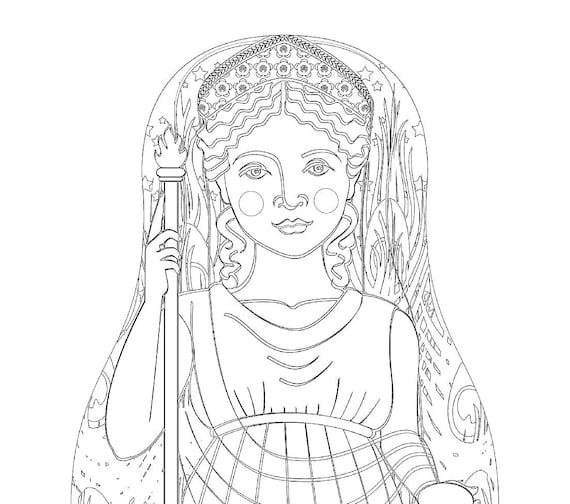 Roman Goddess Juno coloring sheet printable file, traditional folk dress, matryoshka doll