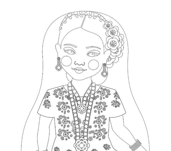 Mexican, Tehuana coloring sheet printable file, traditional folk dress, matryoshka doll