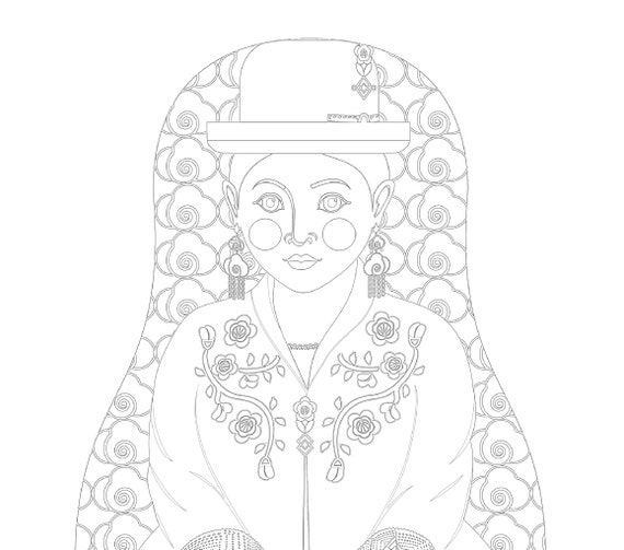 Bolivian, Aymara coloring sheet printable file, traditional folk dress, matryoshka doll