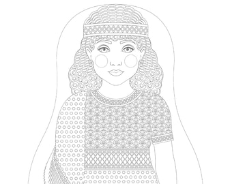 Fichier imprimable de feuille de coloriage assyrienne antique, robe folklorique traditionnelle, poupée matryoshka