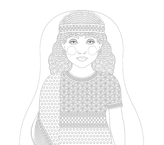 Ancient Assyrian coloring sheet printable file, traditional folk dress, matryoshka doll