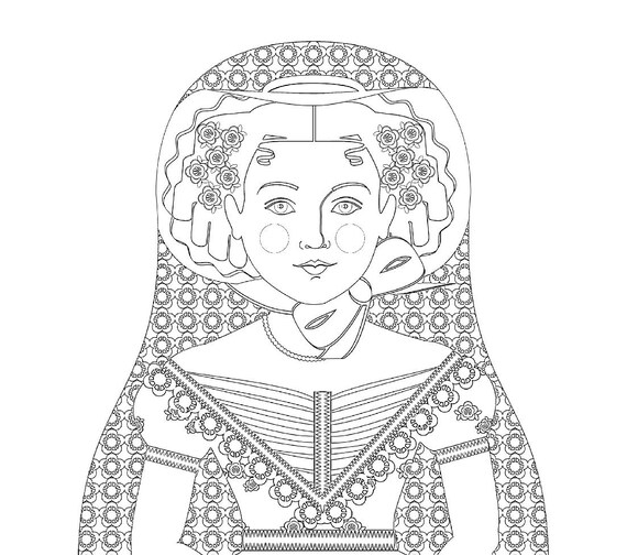 English Rose coloring sheet printable file, traditional folk dress, matryoshka doll