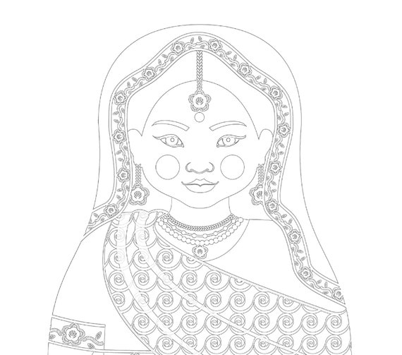 Indian coloring sheet printable file, traditional folk dress, matryoshka doll