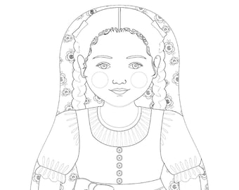 Austrian coloring sheet printable file, traditional folk dress, matryoshka doll